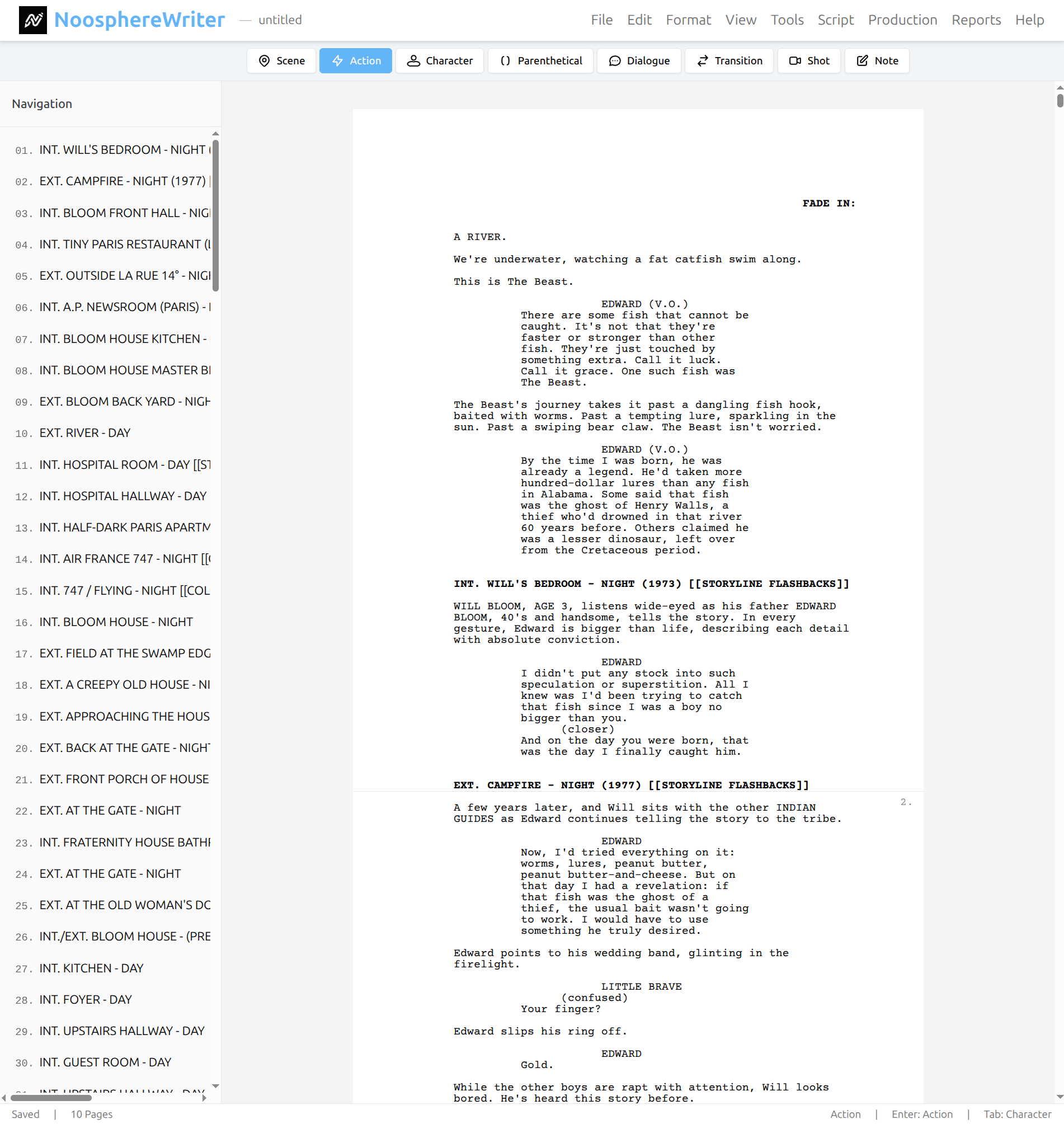 NoosphereWriter Editor Interface - Professional screenplay formatting with scene navigation